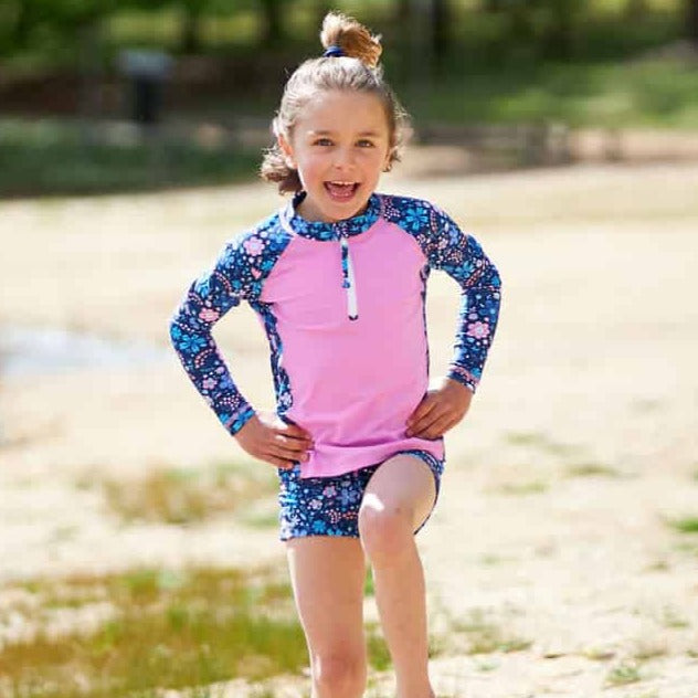 Girls Long Sleeve Rashguard + Swim Shorts | Flower Power